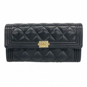 Chanel Boy Long Wallet, Caviar Leather, Black/Champagne, Women's